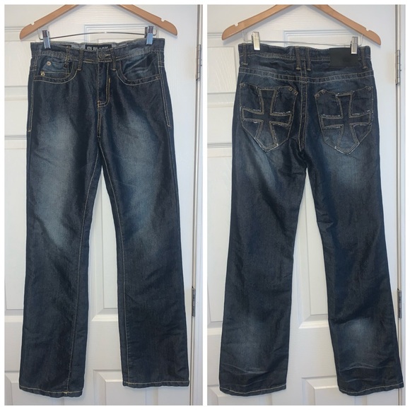 CJ Black Premium Bootcut 28 X 32 Dark Wash Blue Jeans, Cross On Pockets, Zip Fly - Picture 1 of 4